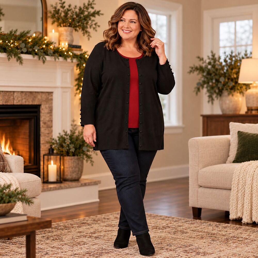 Audrey & Grace Woman Cardigan 2X Black Longline Button Front Sweater Tunic
